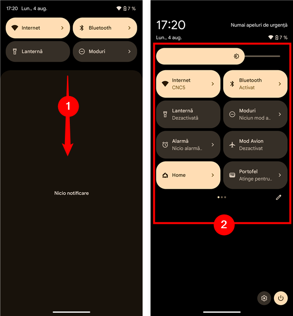 Panoul SetÄri rapide complet extins pe un dispozitiv Google Pixel