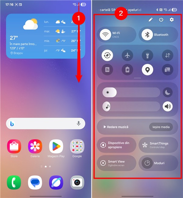GliseazÄ din colÈul din dreapta sus pentru a accesa SetÄri rapide pe Samsung Galaxy