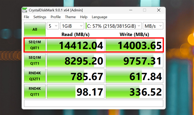 Citire/scriere secvenÈialÄ cu cozi de aÈteptare pentru un SSD PCIe 5.0 NVMe