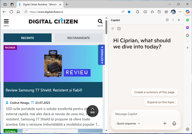 Copilot se deschide Ã®n partea dreaptÄƒ a ferestrei Microsoft Edge