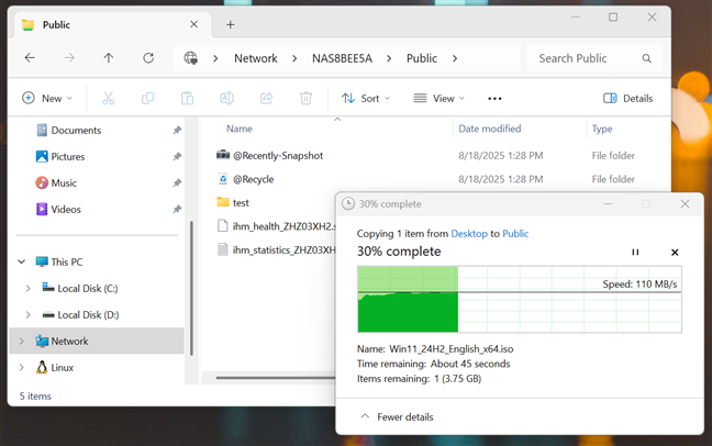 Viteza maximÄ obÈinutÄ la transferul de date cÄtre Èi de la NAS