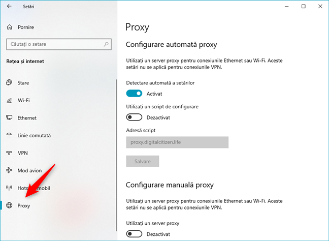 SetÄrile proxy din Windows 10 se gÄsesc în Proxy, în aplicaÈia SetÄri