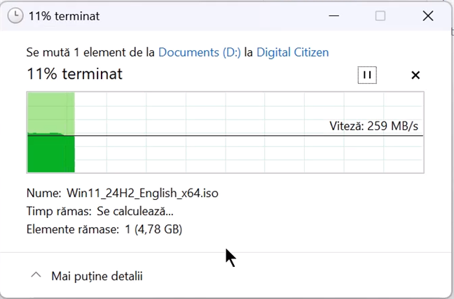 Viteza de transfer mÄƒsuratÄƒ de Windows 11