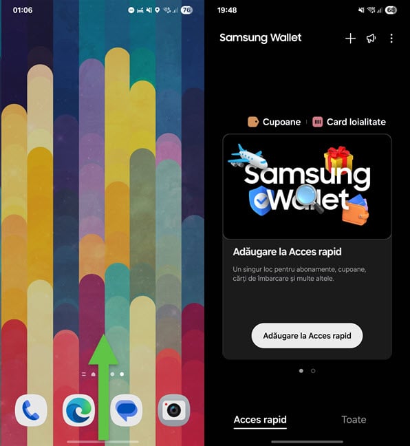 O glisare în sus deschide Samsung Wallet