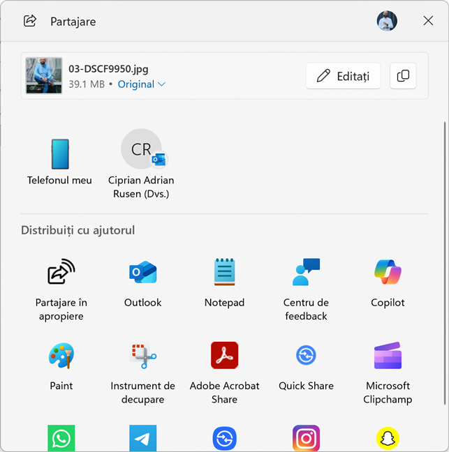 Partajarea de imagini Ã®È›i permite È™i editarea lor prealabilÄƒ