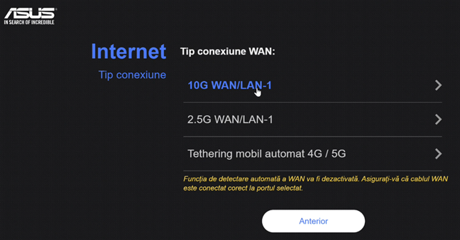 Alege una dintre conexiunile WAN/LAN