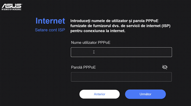 Introdu contul PPPoE &Egrave;i parola