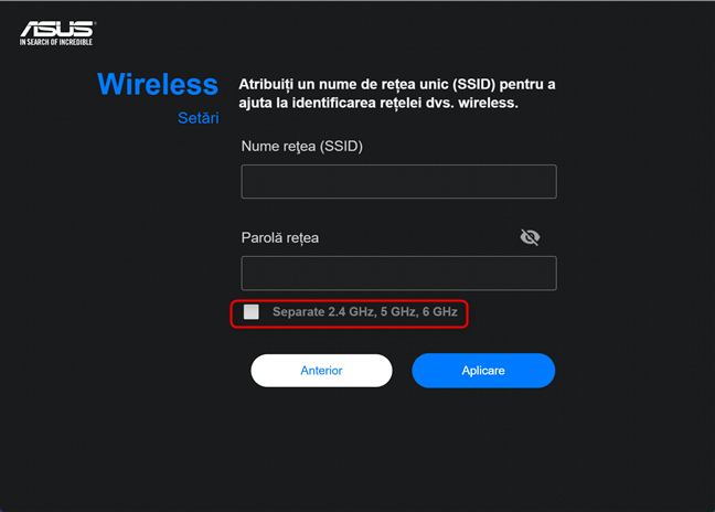 DÄƒ clic pe Separate 2.4 GHz, 5 GHz, 6 GHz