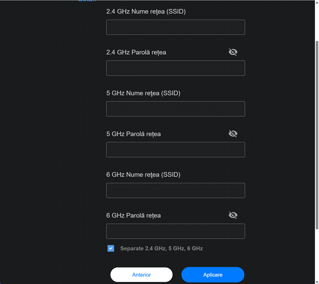 Introdu detaliile pentru reÈ›eaua wireless È™i fiecarÄƒ bandÄƒ