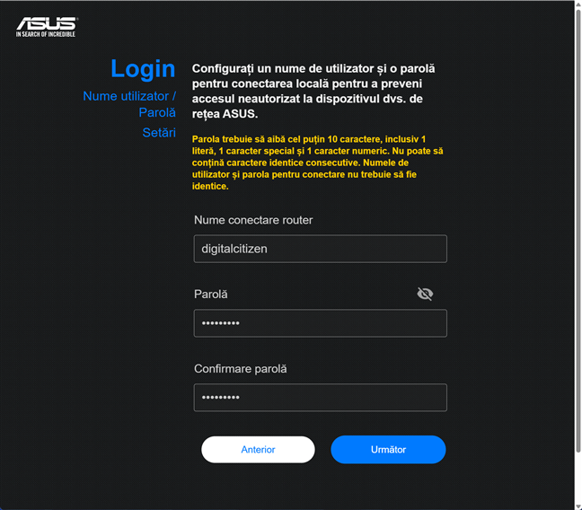 Alege un nume de utilizator È™i o parolÄƒ pentru administrarea routerului