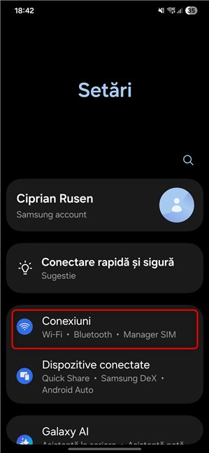 Ãn aplicaÈia SetÄri, apasÄ pe Conexiuni