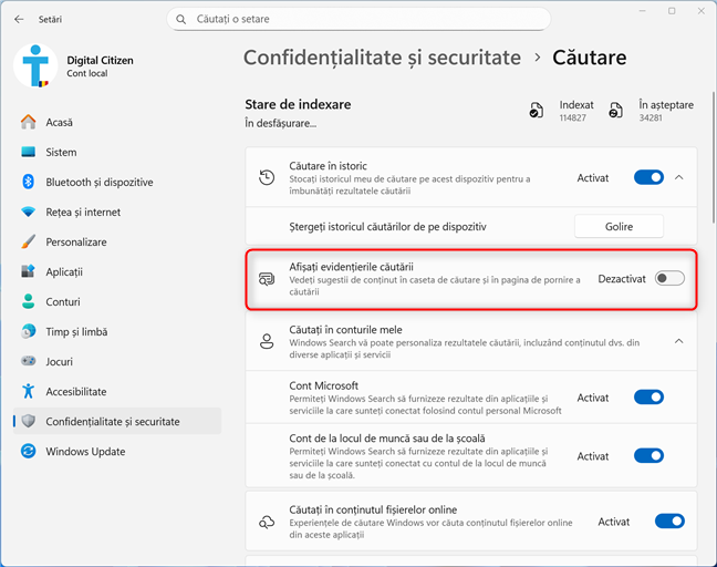 DezactiveazÄƒ AfiÈ™aÈ›i evidenÈ›ierile cÄƒutÄƒrii