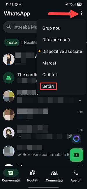 Apas&Auml; pe trei puncte verticale &Egrave;i apoi pe Set&Auml;ri