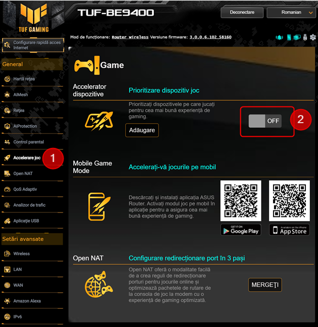 D&Auml; clic pe Accelerare joc > OFF