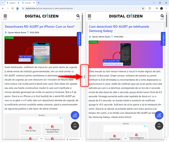 Po&Egrave;i muta bara dintre site-uri, pentru a le redimensiona