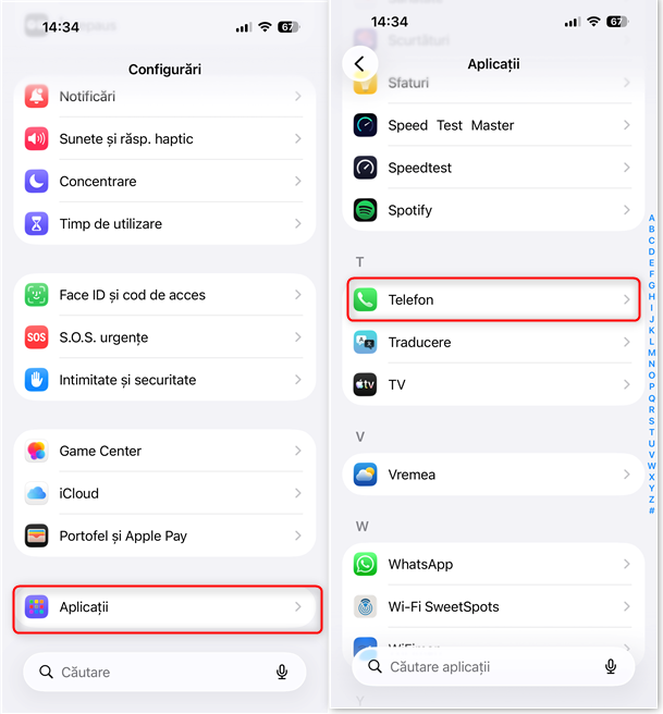 Deschide Configur&Auml;ri > Aplica&Egrave;ii > Telefon