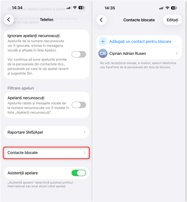 Deruleaz&Auml; &Egrave;i apas&Auml; pe Contacte blocate