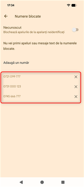Lista cu numere blocate din Android