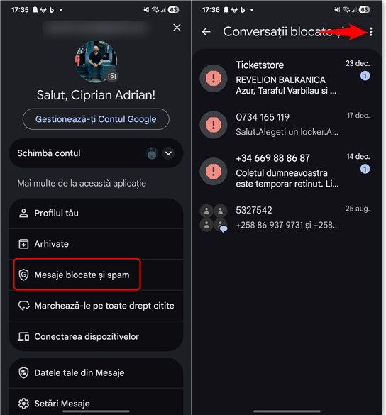 Apas&Auml; pe Mesaje blocate &Egrave;i spam, urmat de trei puncte verticale