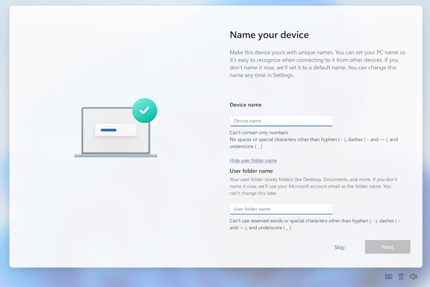Noul c&Atilde;&cent;mp User folder name din procesul de instalare al Windows 11