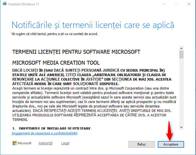 Accept&Auml; termenii de licen&Egrave;&Auml; pentru Media Creation Tool
