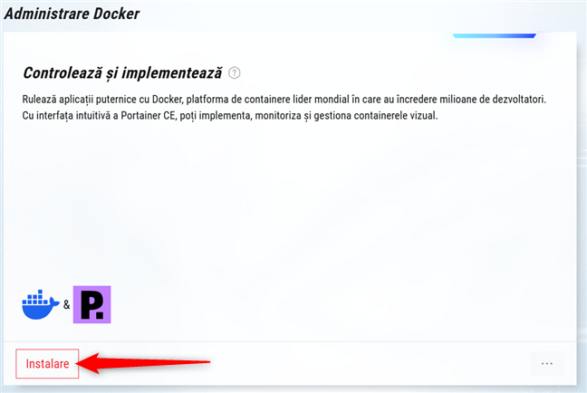 D&Auml; clic pe Instalare &Atilde;&reg;n sec&Egrave;iunea Administrare Docker