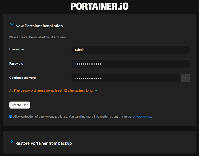 Seteaz&Auml; contul de administrator pentru Portainer &Egrave;i Docker