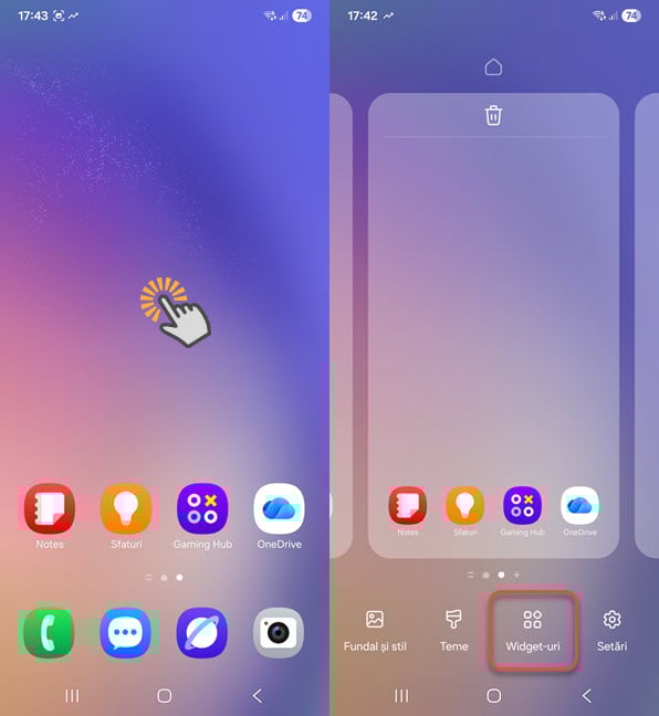 Apas&Auml; &Egrave;i &Egrave;ine ap&Auml;sat pe ecran &Egrave;i apoi alege Widget-uri
