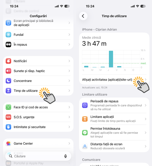 Configur&Auml;ri > Timp de utilizare > Afi&Egrave;a&Egrave;i activitatea