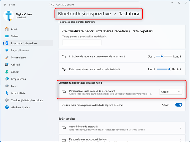 Deschide SetÄri > Bluetooth Èi dispozitive > TastaturÄ