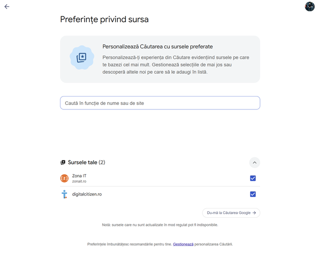 Lista cu sursele preferate