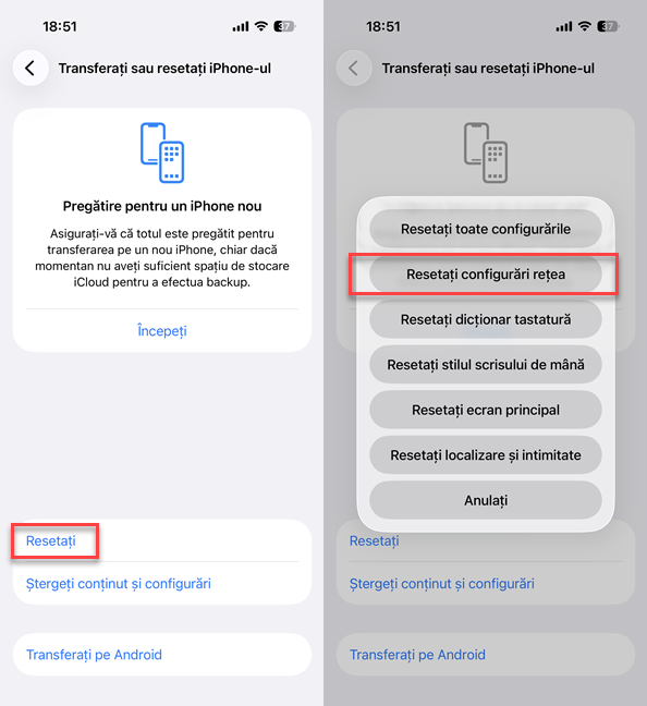 ApasÄ pe ResetaÈi, urmat de ResetaÈi configurÄri reÈea