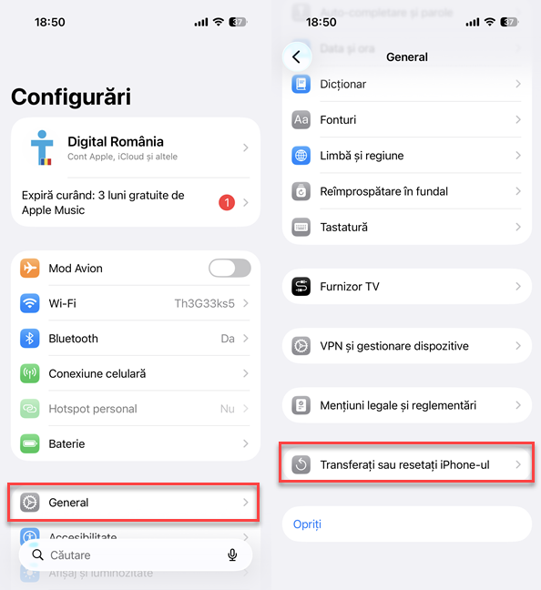 ConfigurÄri > General > TransferaÈi sau resetaÈi iPhone-ul