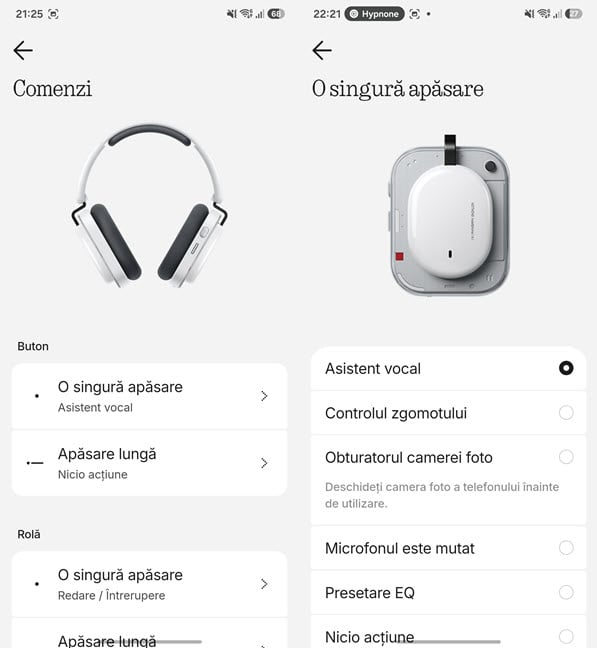 Comenzile executate prin apÄsarea butoanelor fizice