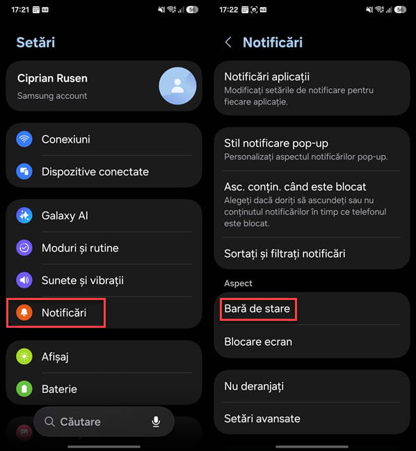 NavigheazÄ la SetÄri > NotificÄri > BarÄ de stare