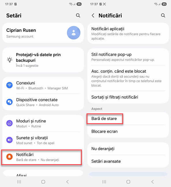 NavigheazÄ la SetÄri > NotificÄri > BarÄ de stare