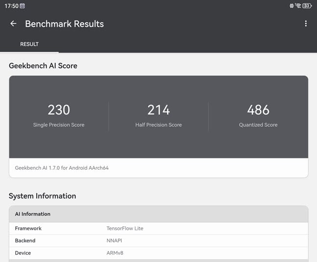 Rezultatele &Atilde;&reg;n Geekbench AI