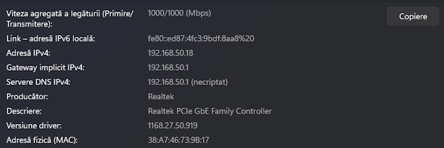 Placa de reÈea prin cablu funcÈioneazÄ la 1 Gbps