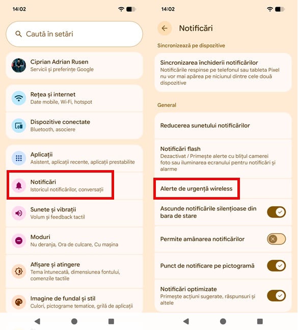 SetÄri > NotificÄri > Alerte de urgenÈÄ wireless