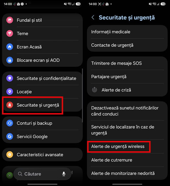 SetÄri > Securitate Èi urgenÈÄ > Alerte de urgenÈÄ wireless