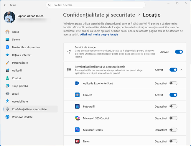 SetÄrile pentru LocaÈie din Windows 11