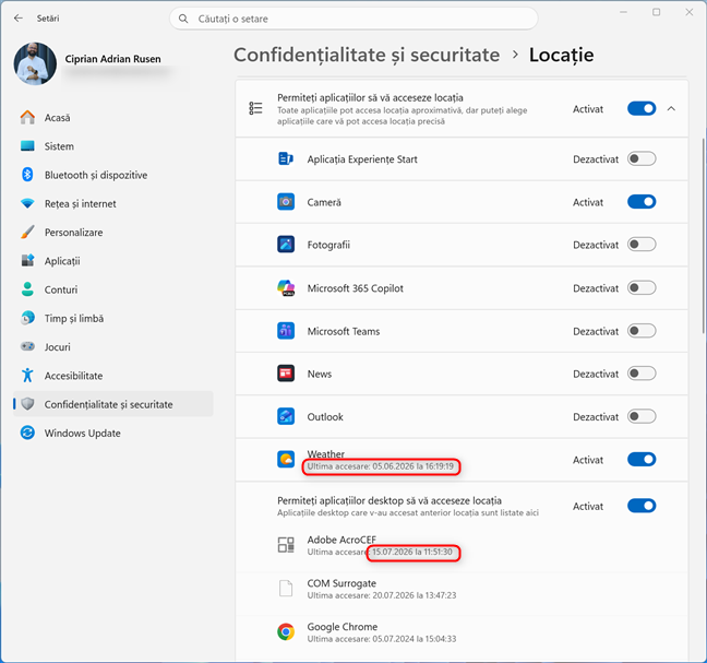 Ultima accesare a locaÈiei pentru fiecare aplicaÈie în parte