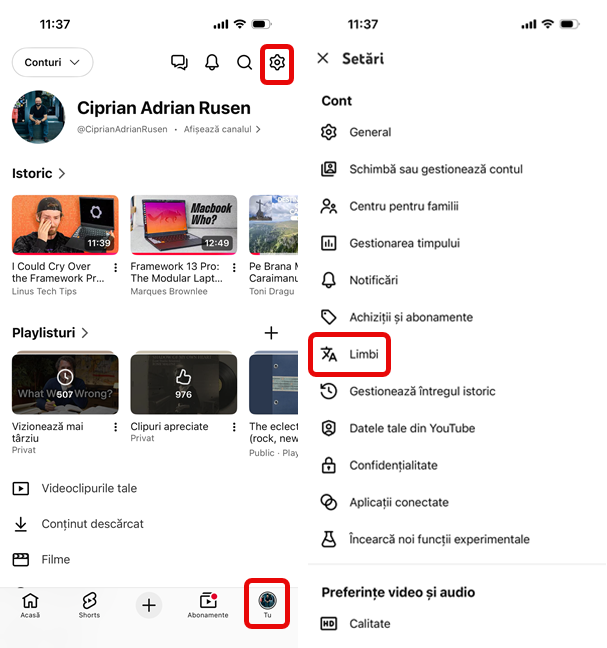 ApasÄ pe Tu > SetÄri > Limbi