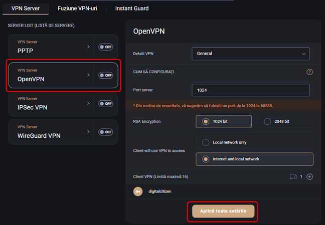 AjusteazÄ setÄrile pentru serverul VPN