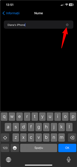 FoloseÈ™te butonul x pentru a È™terge numele actual al iPhone-ului