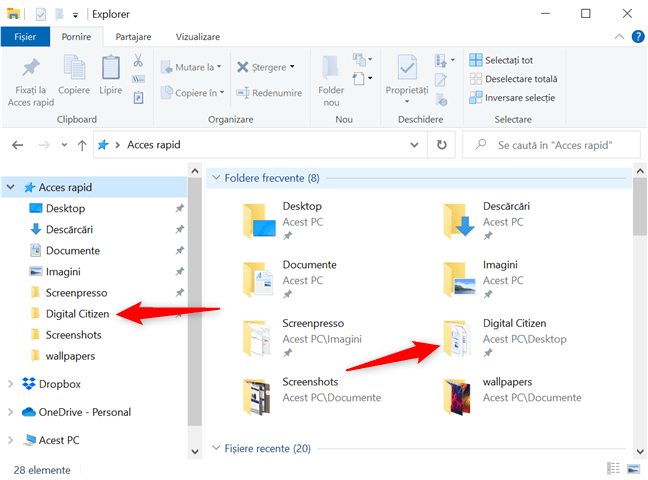 Folderul este adăugat la Acces rapid