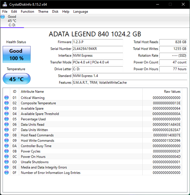 Informații despre ADATA Legend 840 SSD