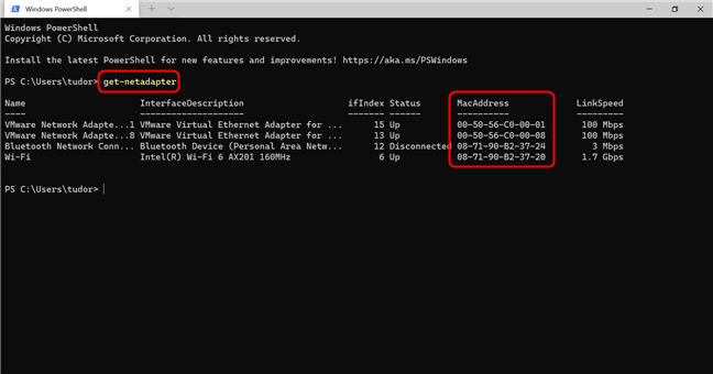 Identifică adresa MAC cu comanda get-netadapter din PowerShell