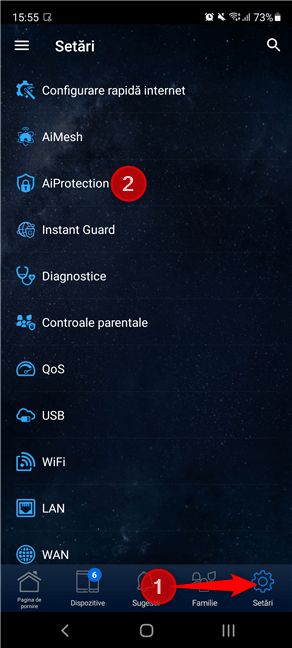 ÃŽn aplicaÈ›ia ASUS Router, apasÄƒ pe butonul SetÄƒri È™i apoi pe AiProtection.