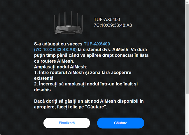 Routerul selectat este adăugat la rețeaua AiMesh